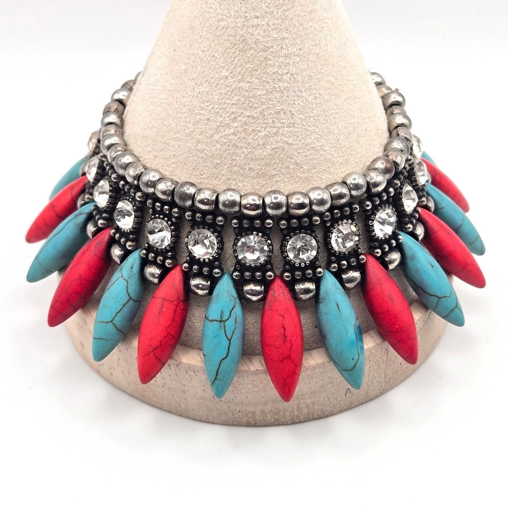 Silver Tone Stretch Cuff Bracelet Red Turquoise Color Dyed Howlite Rhinestone
